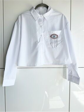 L.I.F.E. Hamsa Evil Eye Cropped White Button Front Shirt Medium Pink Rhinestones